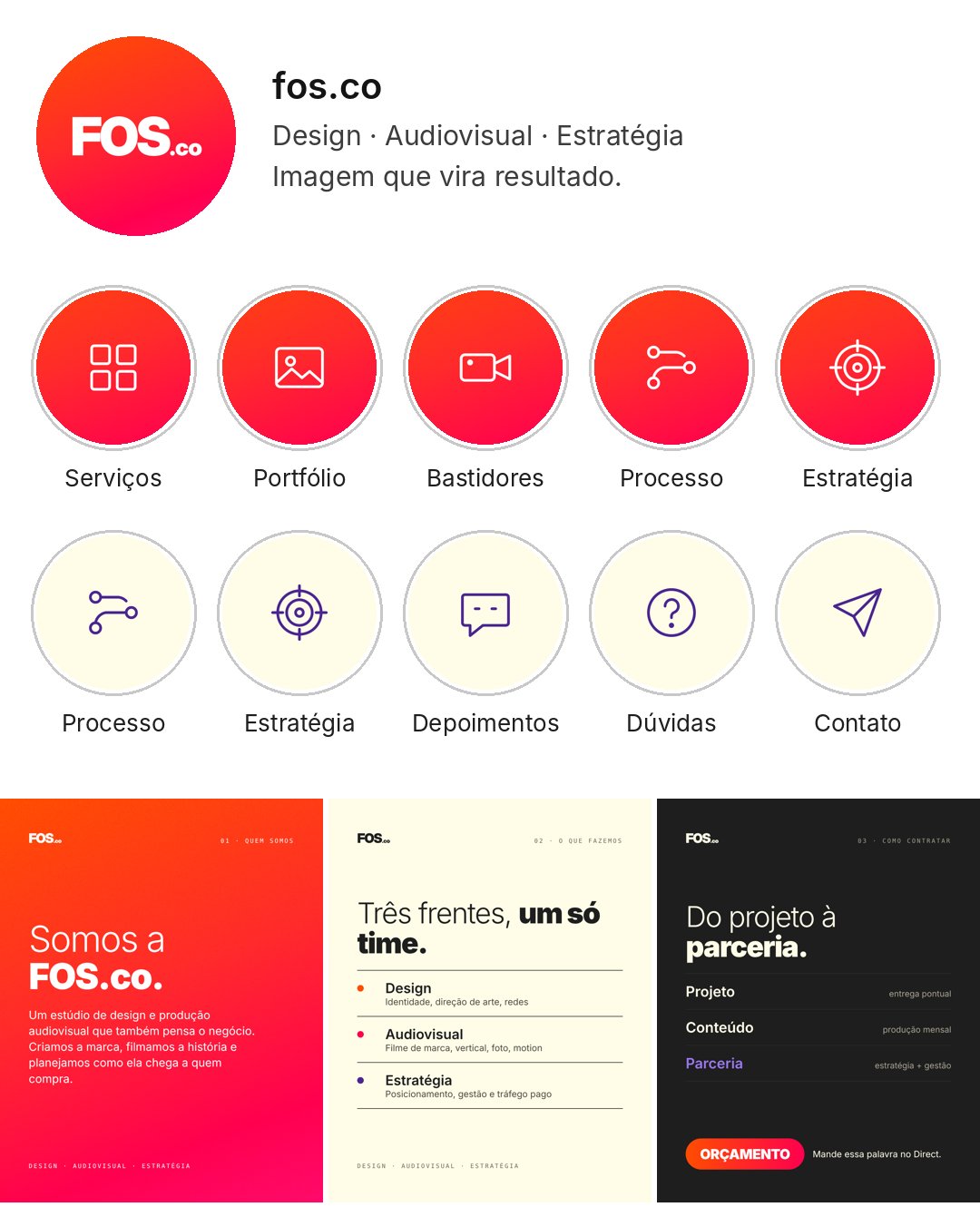 Prévia do perfil do Instagram da FOS.co com capas de destaques e três posts fixados